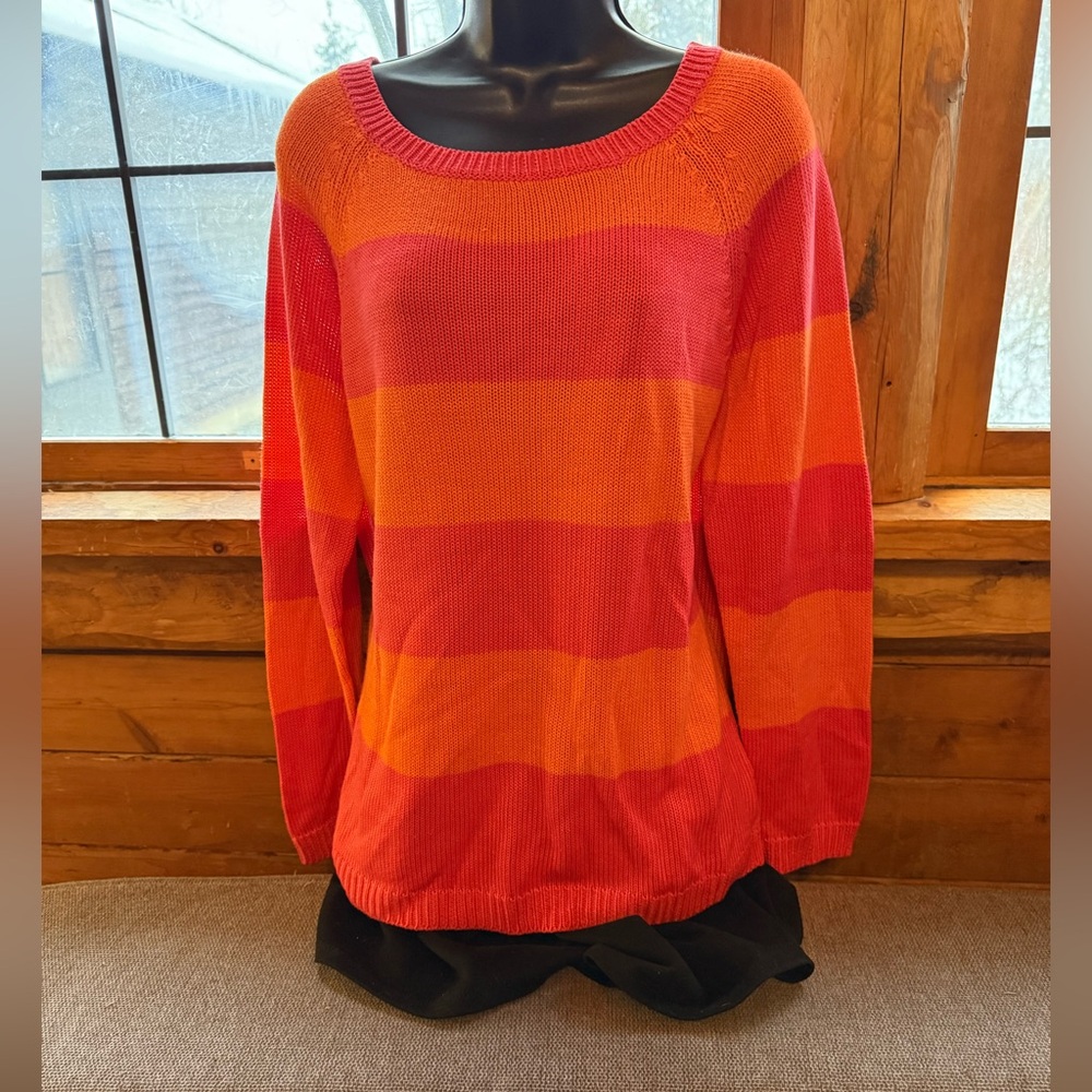 Joe Fresh Knit Tunic Striped Crewneck Sweater Womens Large Orange Coral Slouchy